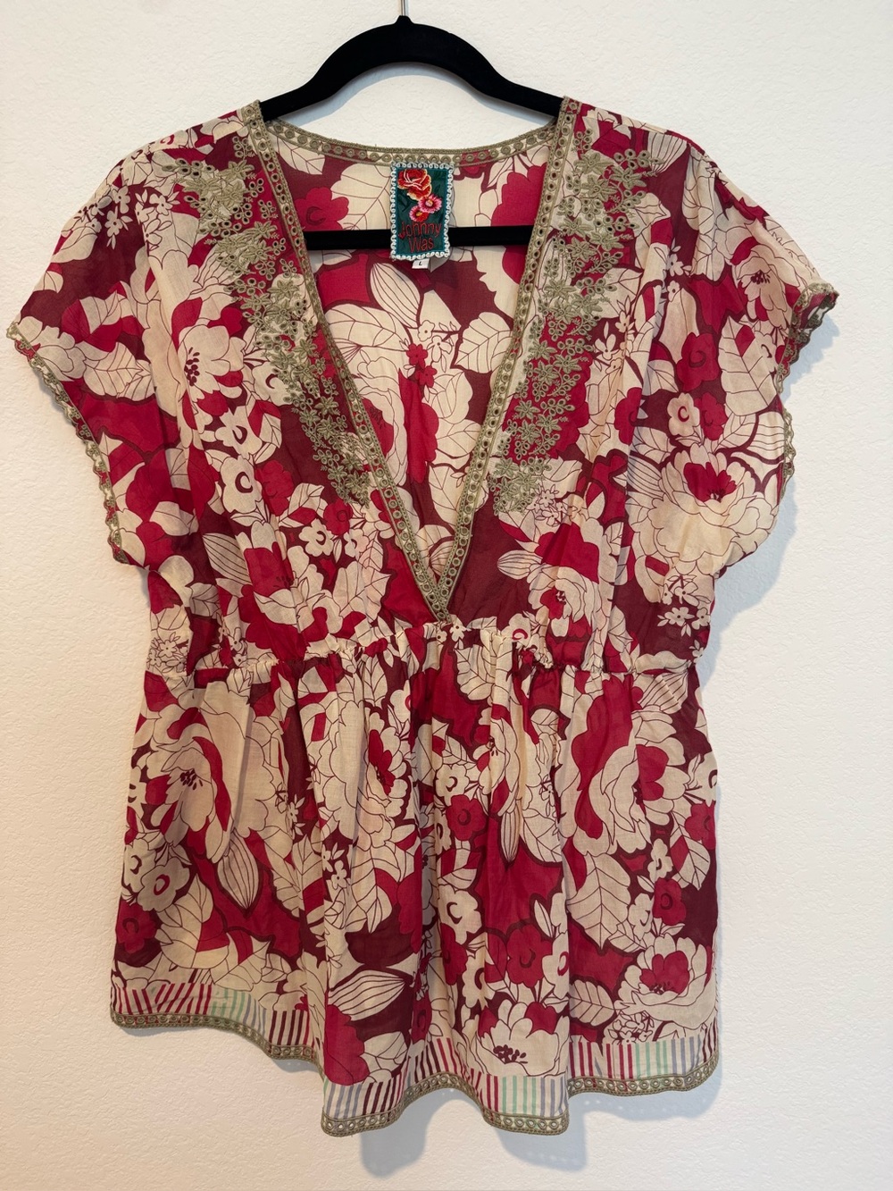 Johnny Was Red Floral Print Embroidered V Neck Blouse Top